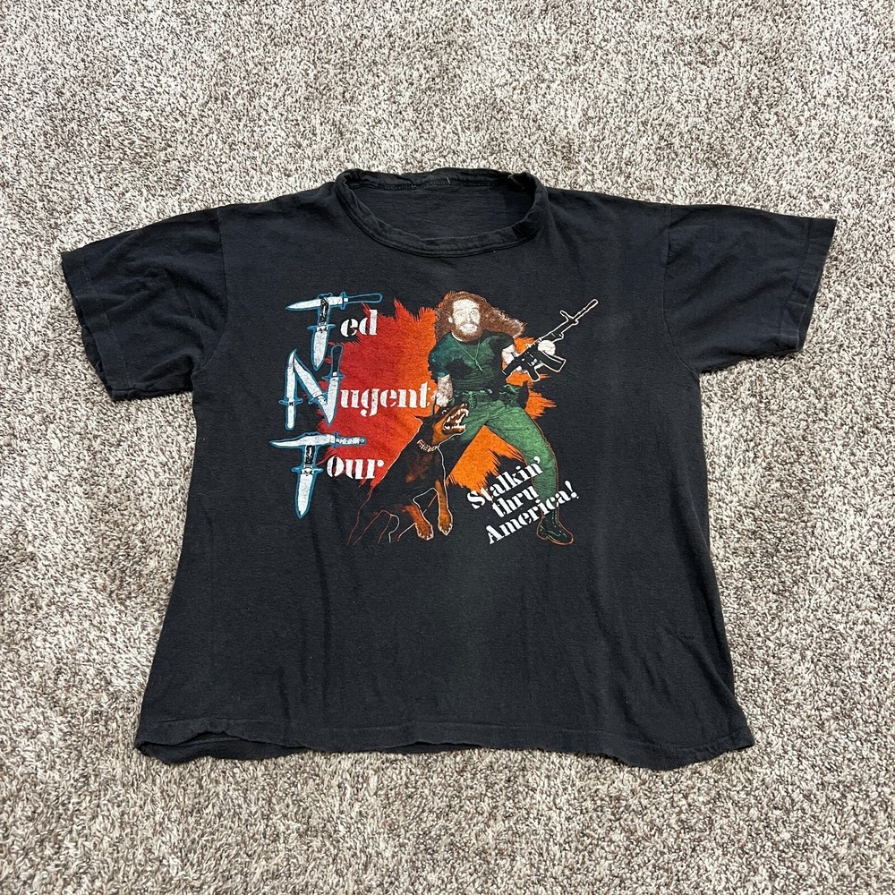 VTG 80's Single Stitch Ted Nugent Stalkin thru America! Tour Crop T-Shirt M Rare